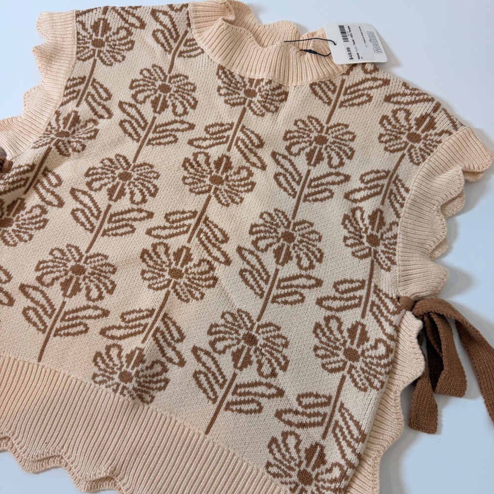 &merci Floral Knit Sweater Vest Cream Brown Scalloped Tie Side Mock Neck Medium